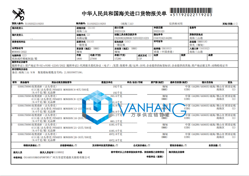 緬甸冷凍黑虎蝦進口報關(guān)流程