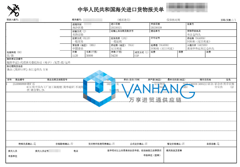 尼日利亞鋰礦石進(jìn)口報關(guān)資料